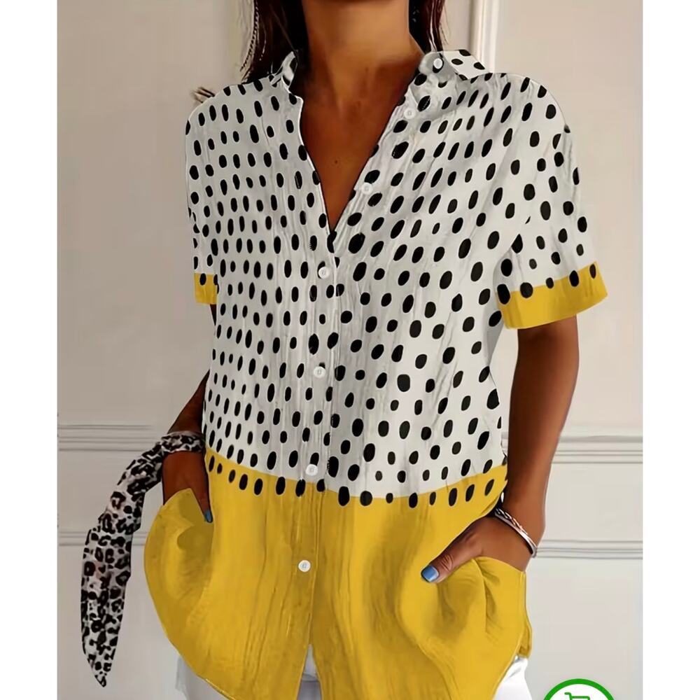 White Black Polka Dot Yellow Colorblock Hem Collared Button-Up Blouse XL